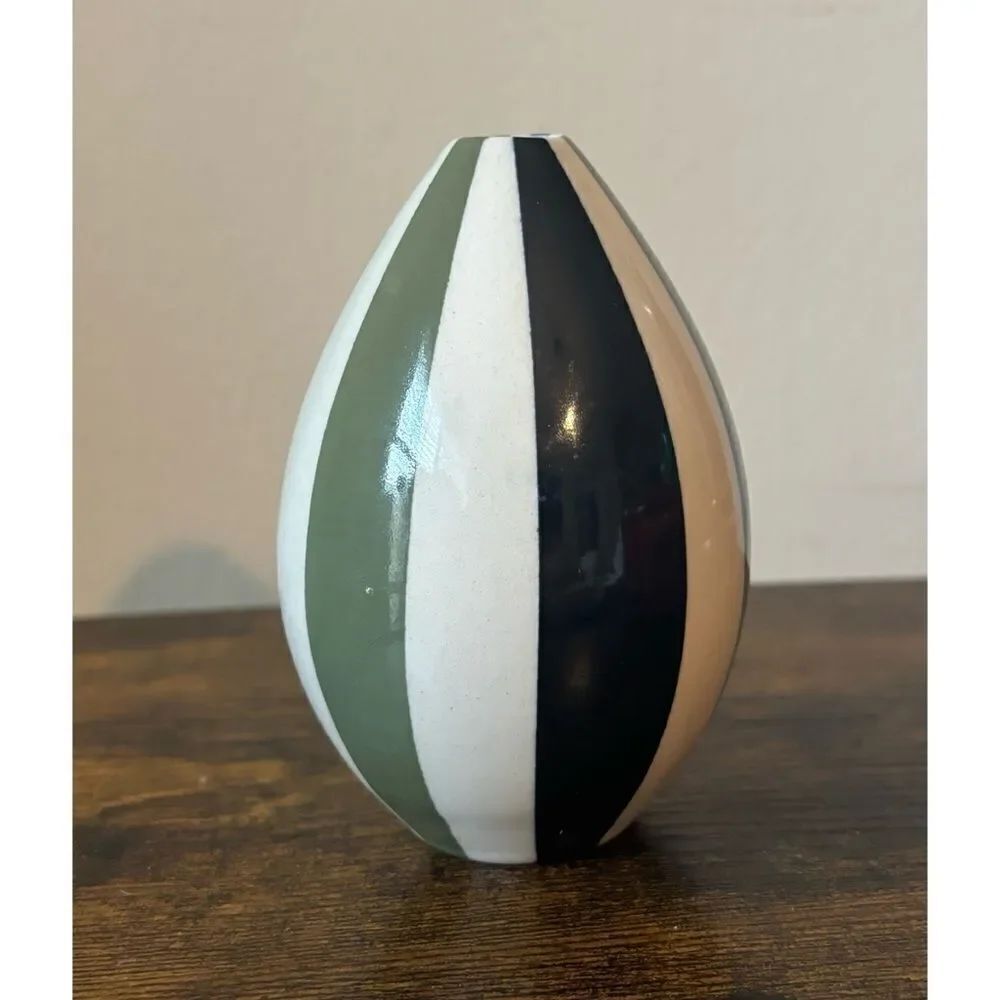 Petite Early  Small Vintage Jonathan Adler Black & Green  Stripped Vase
